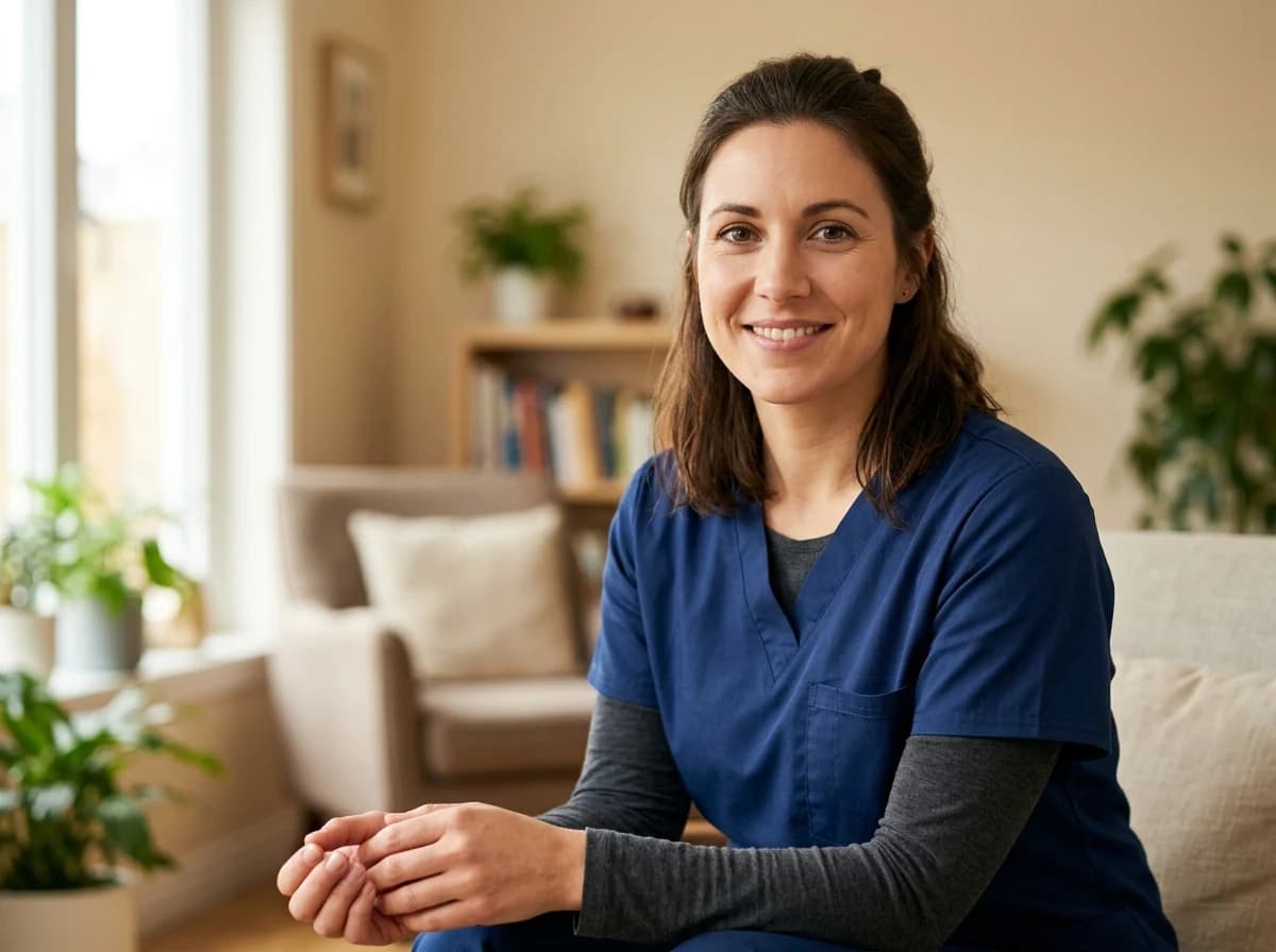 A professional, compassionate female home health caregiver smiling gently in a bright indoor setting.