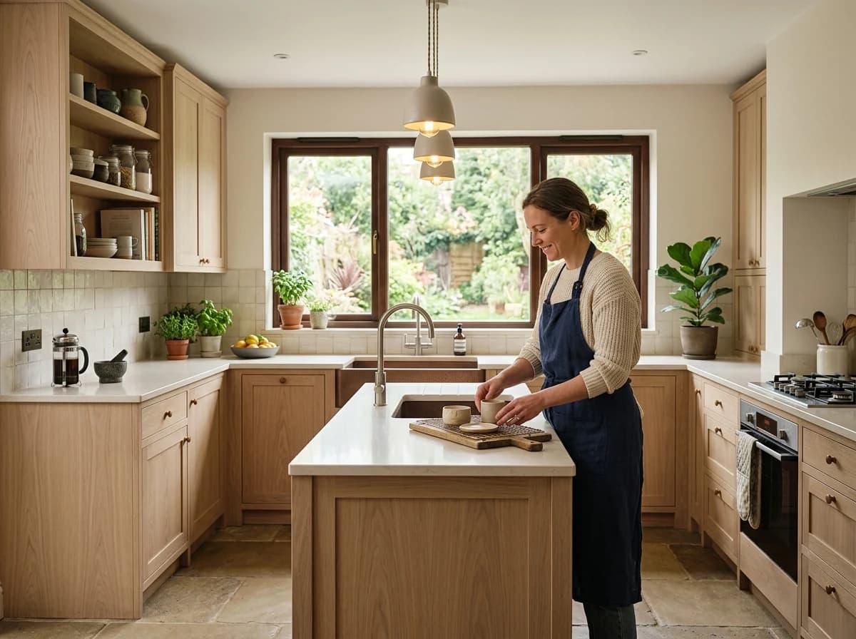 Architectural photograph of a completed kitchen with pale oak cabinetry, cream quartz countertop, practical pendant lights and careful tile installation, straight verticals and garden window