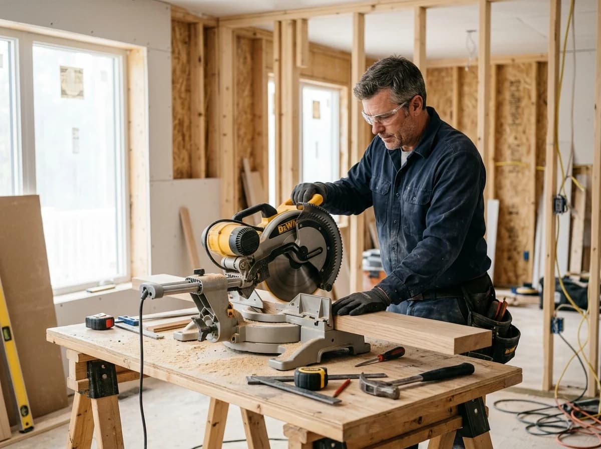 A skilled carpenter precisely cutting wood for custom cabinetry in a home renovation project.