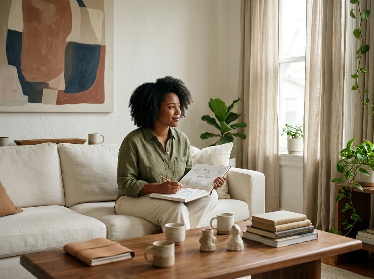 Beautifully staged living room with ivory sofa, walnut coffee table, linen curtains, ceramics and a single large unbranded artwork