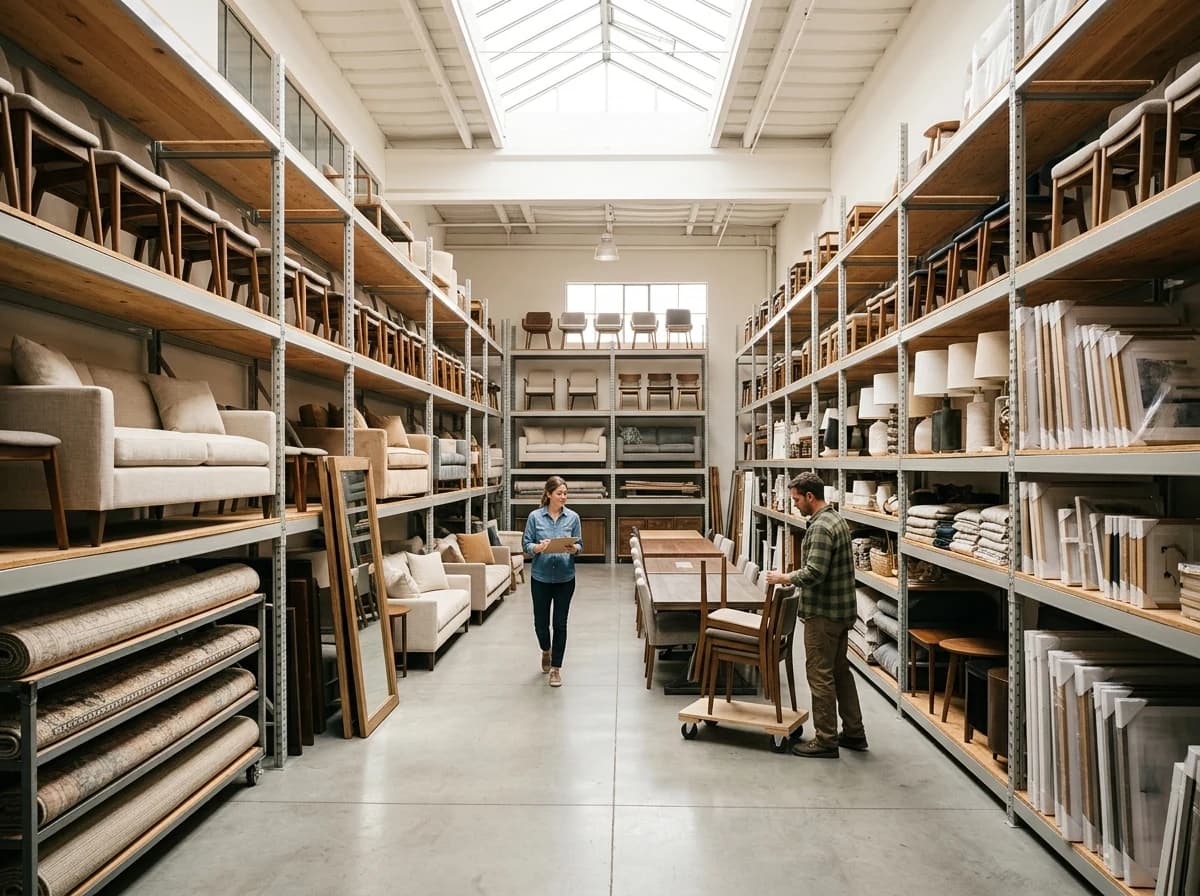 An organized warehouse filled with elegant furniture and decor for home staging.