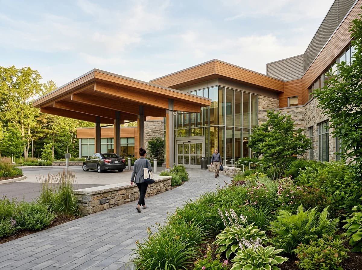 Visitors approaching an accessible hospital entrance through landscaped grounds.