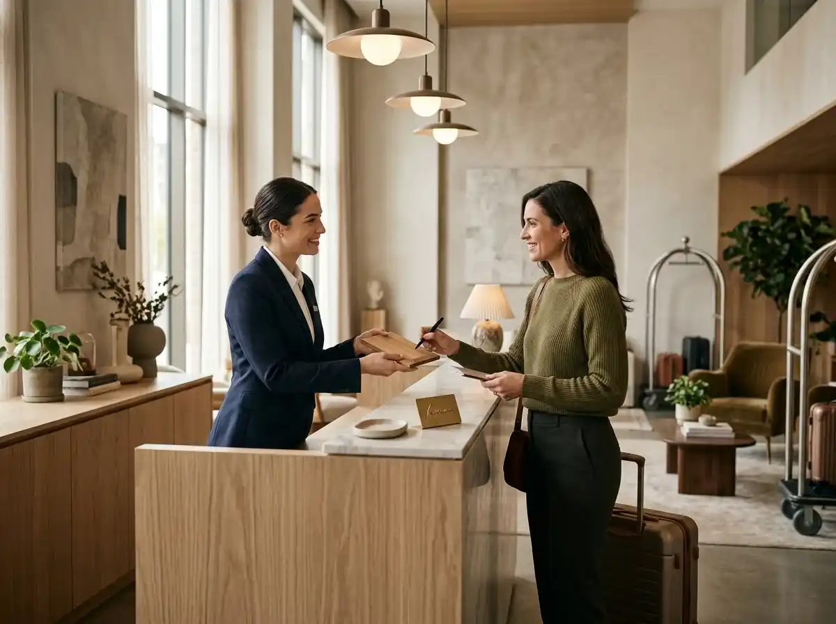 A stylish, contemporary boutique hotel reception area with an adult front desk staff member interacting with a guest, showcasing efficient operations without screens.