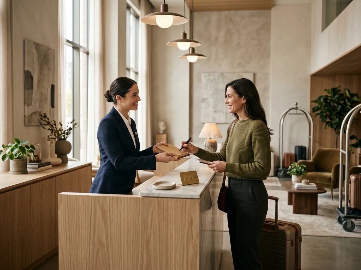 A stylish, contemporary boutique hotel reception area with an adult front desk staff member interacting with a guest, showcasing efficient operations without screens.