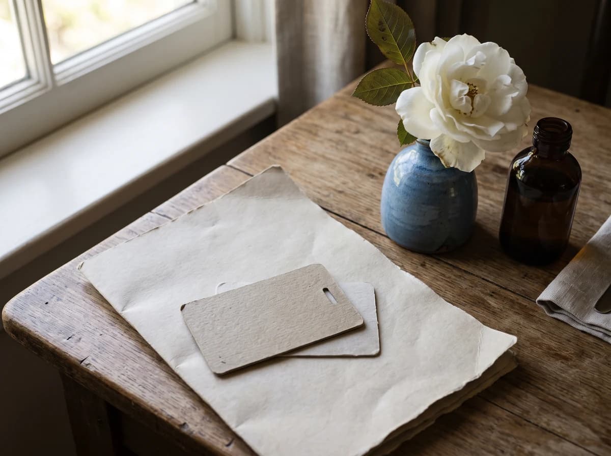 A blank cardboard card with a slot on a sheet of handmade paper beside a white flower in a blue vase and a brown glass bottle.