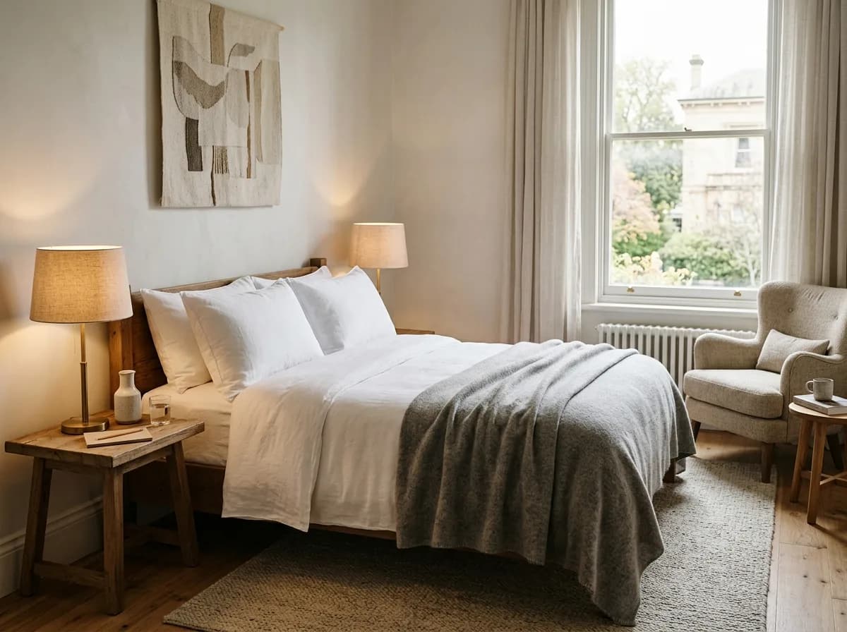 A neatly made hotel guest room with layered bedding, a bedside lamp and an armchair beside a sunlit window.