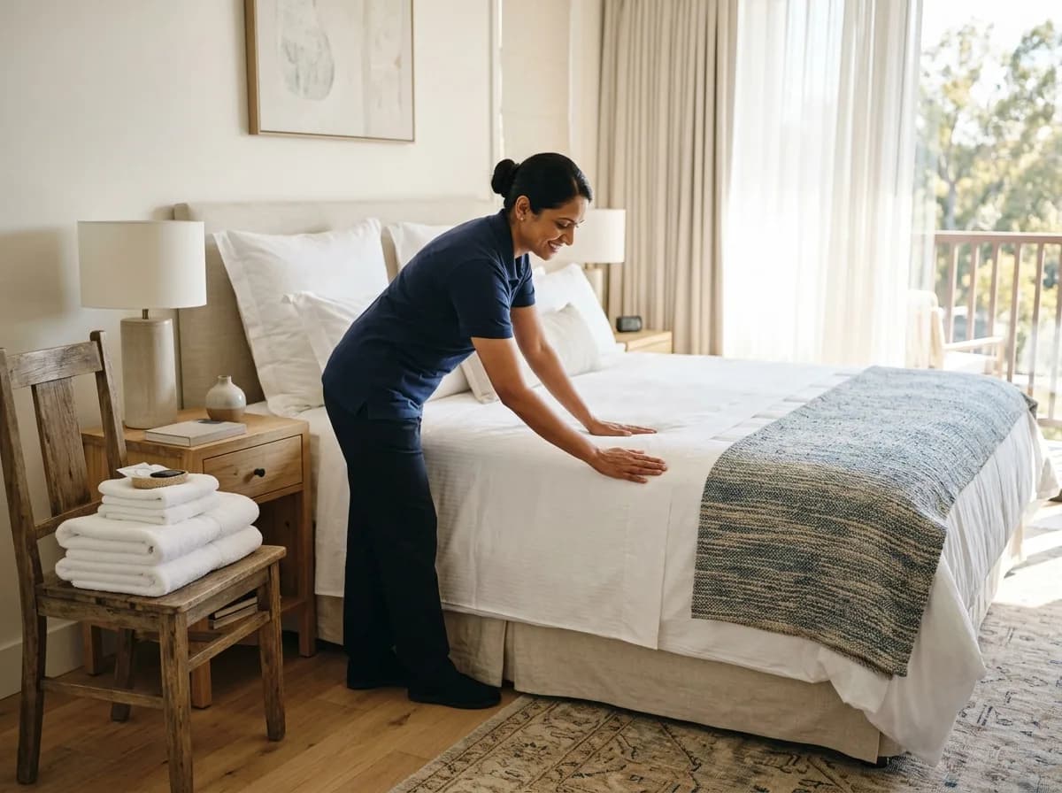 A housekeeping attendant smoothing crisp white linen over a freshly made bed in a bright, sunlit hotel room.