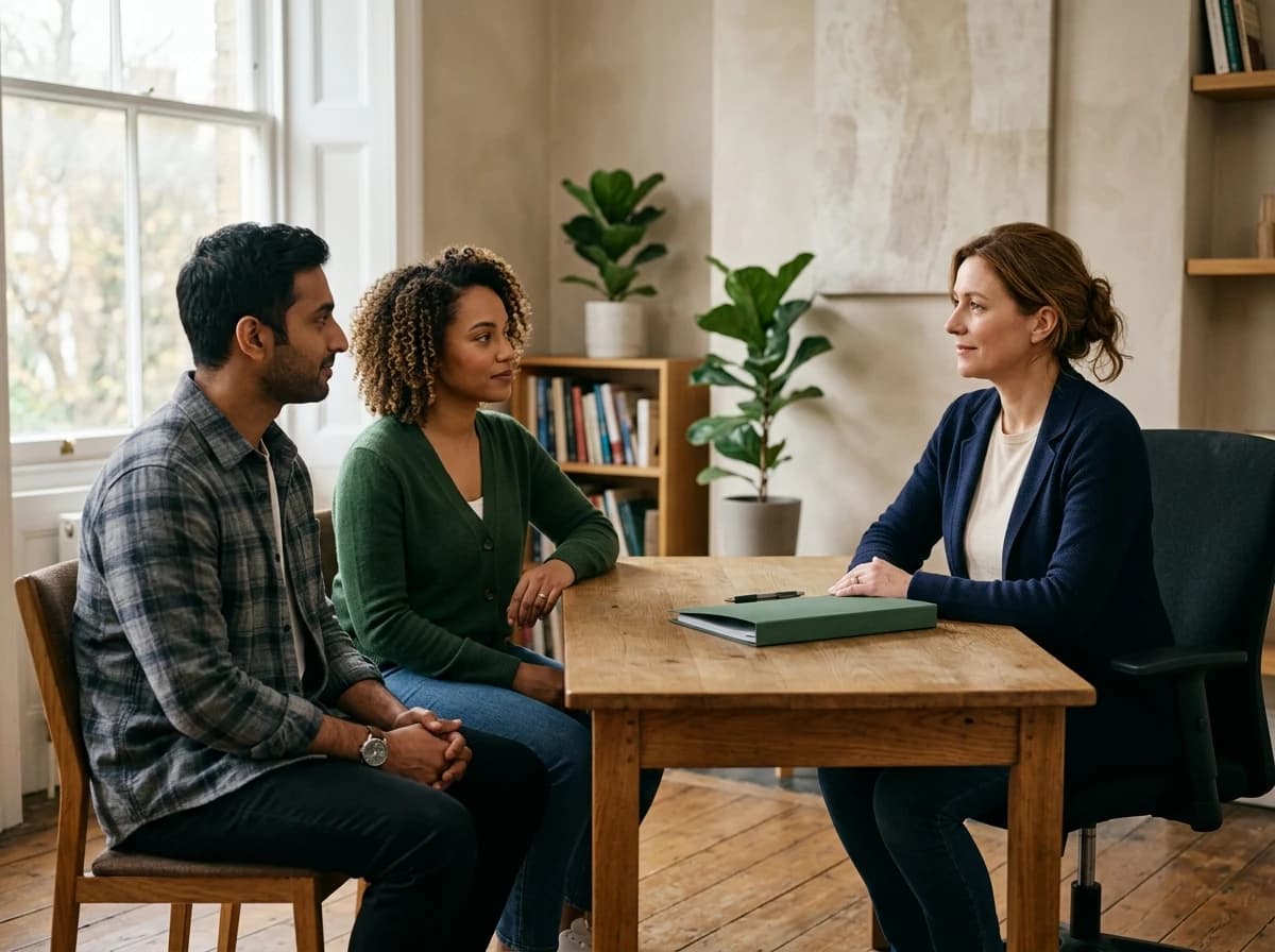 An adult consultant speaking with two adult visitors across an office desk.