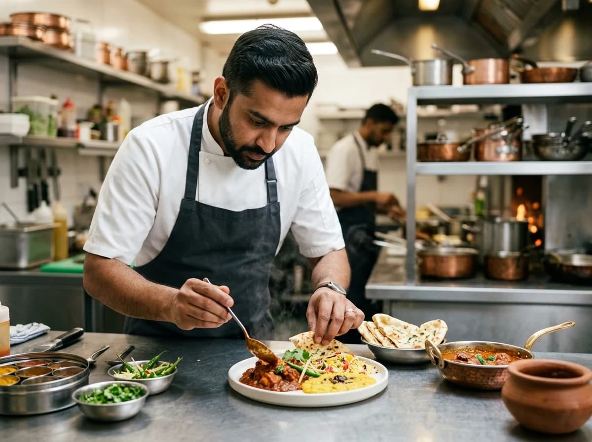A skilled Indian chef meticulously plating vibrant curries and naan in a professional kitchen.