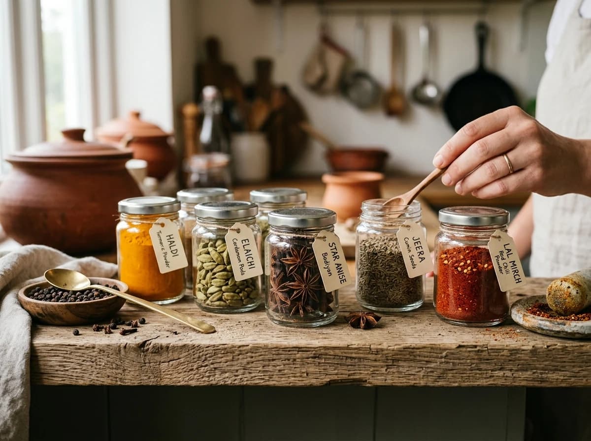 A vibrant collection of whole and ground Indian spices arranged in small, clear jars on a wooden shelf.