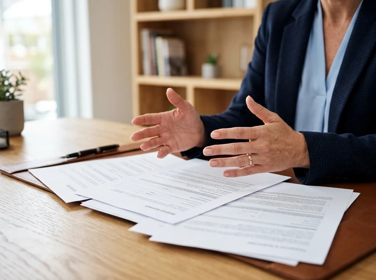 Close-up of an insurance agent's hands gesturing over printed policy documents to an unseen client.