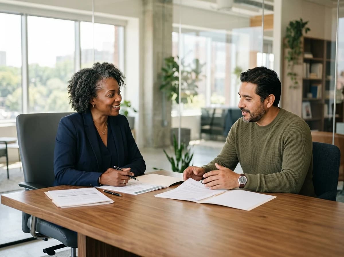 Two diverse adults, one an agent and one a client, engaged in a focused, respectful discussion over documents in a well-lit office.