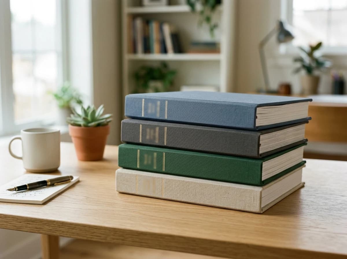 Stack of professional, subtly branded binders representing different insurance policies on a clean desk.