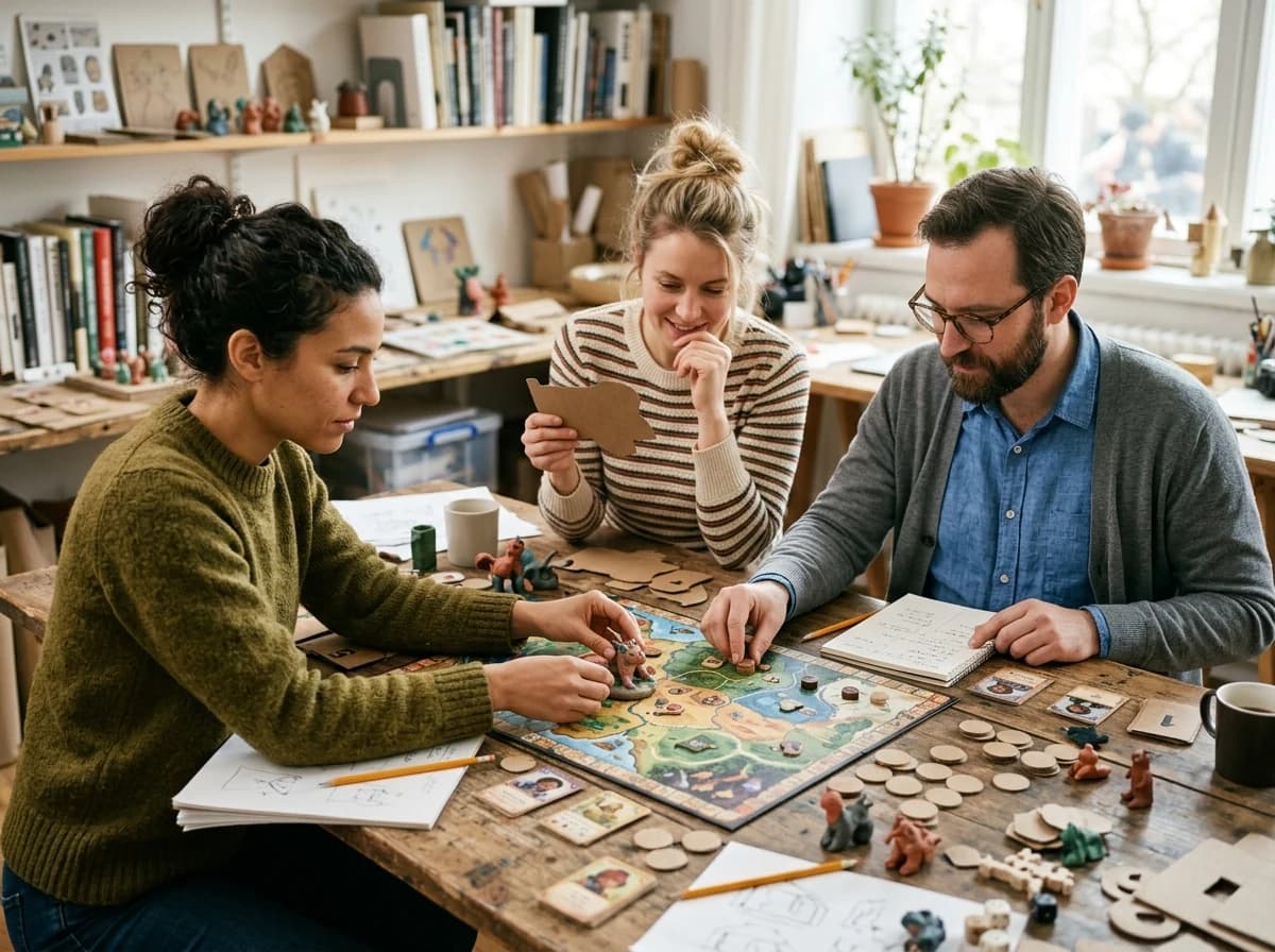 Three fictional adult game designers testing original unbranded cardboard game pieces and clay creature maquettes on a colorful studio table