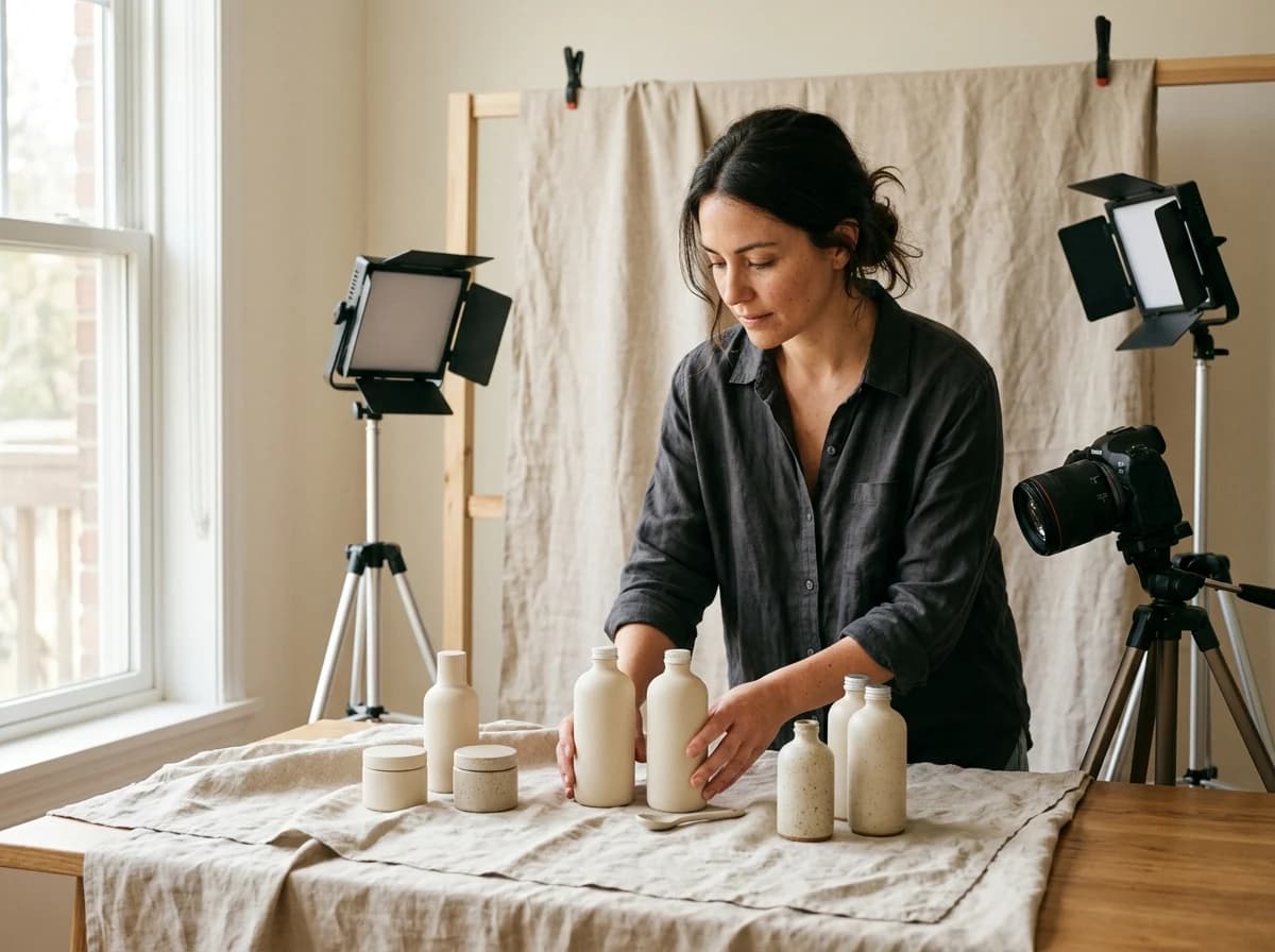 A tabletop advertising product shoot with plain ceramic skincare bottles, a linen backdrop and small studio lights positioned around the scene.