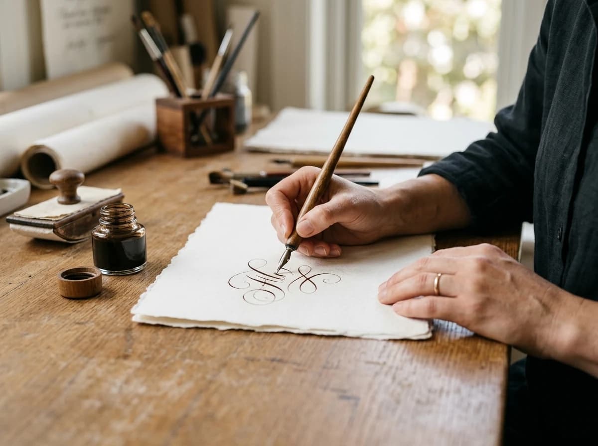 Close-up of hands delicately hand-lettering calligraphy on an invitation with an ink pen.