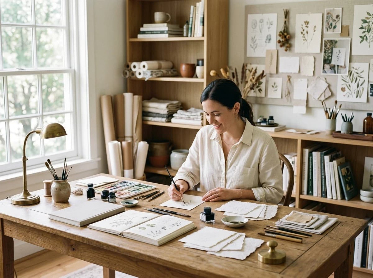 Bright, clean stationery design studio with drawing tools, paper, and natural light.