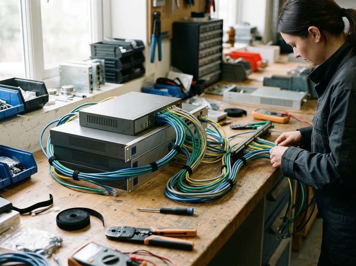 Real network switch, firewall appliance and neatly color-coded Ethernet patch leads on a systems integrator’s workbench, displays facing away.