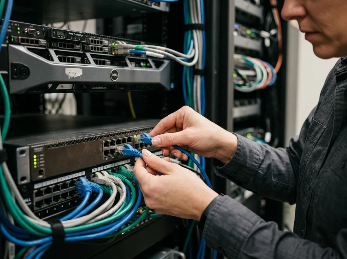 IT professional connecting and configuring network switch with cables.