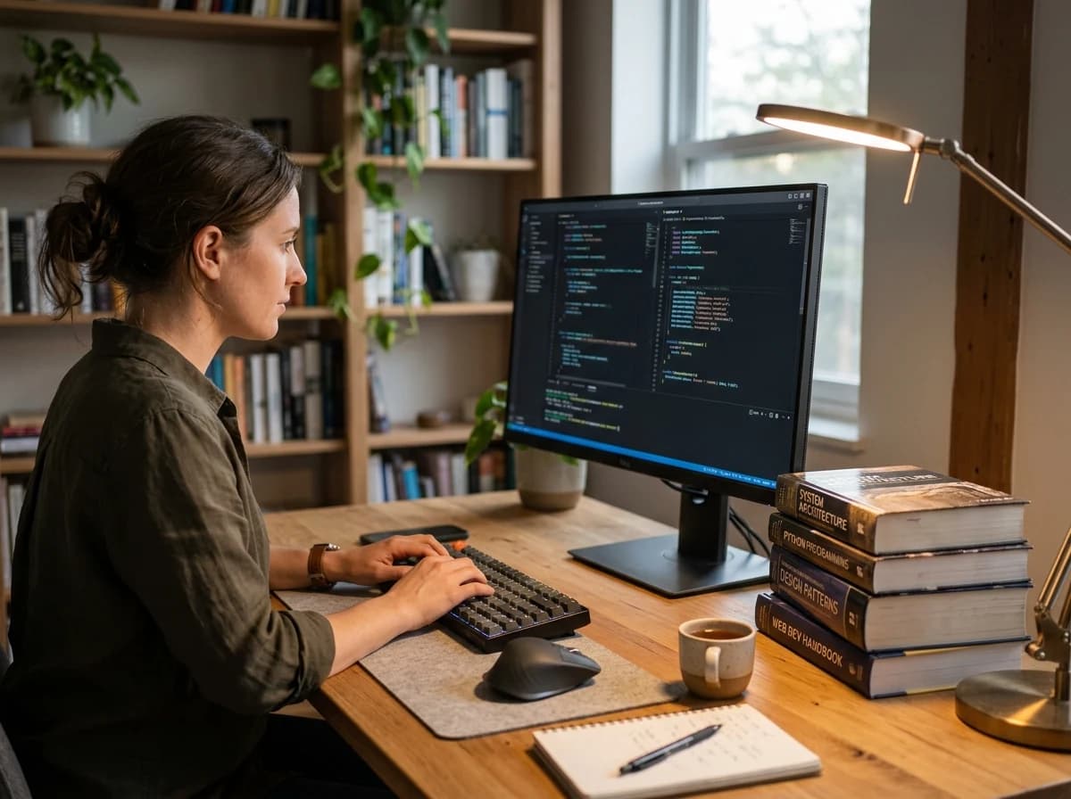 Well-organized developer workspace with a large ergonomic monitor displaying code, several technical programming books stacked neatly, and a cup of coffee. Warm, ambient lighting from a desk lamp illuminates the scene, suggesting a focused environment.
