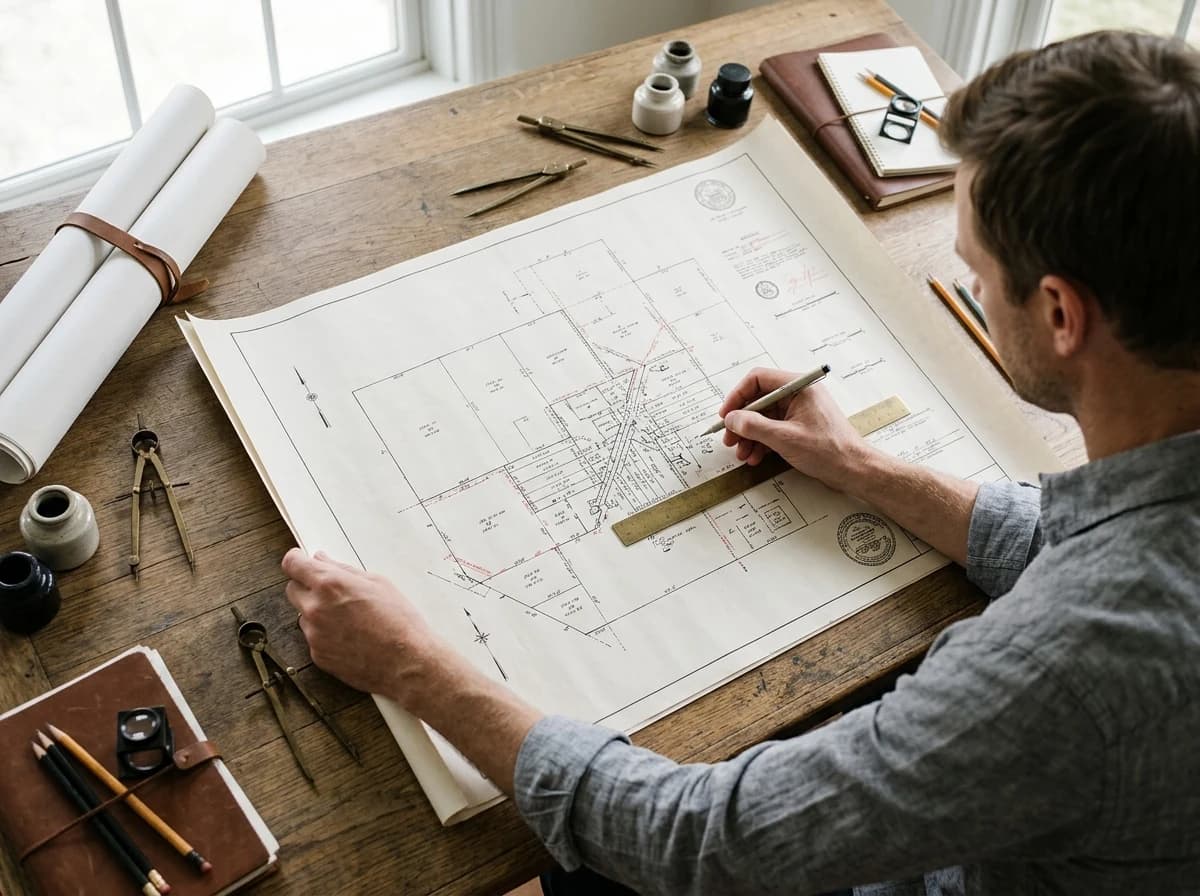 Close-up of a meticulously drawn and printed plat map with survey details.
