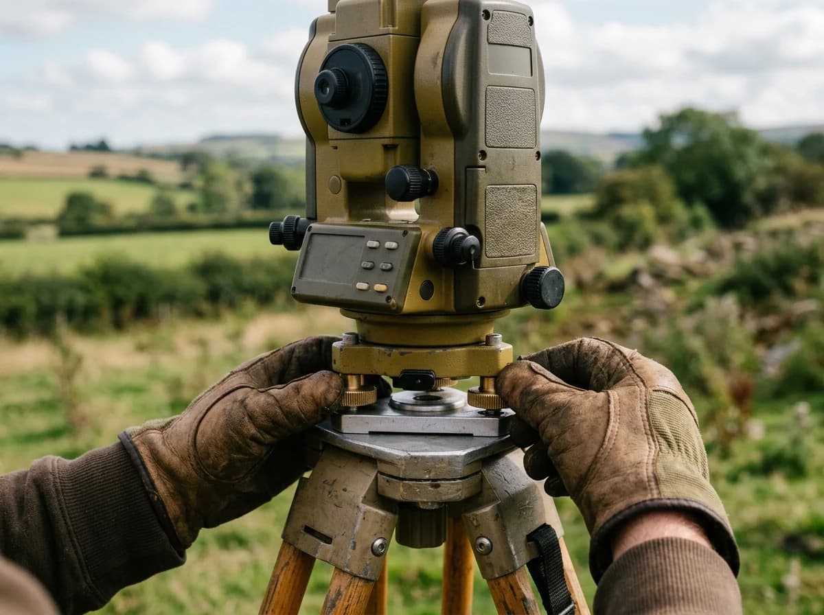 Close-up of a land surveyor's hands making fine adjustments to a total station instrument.