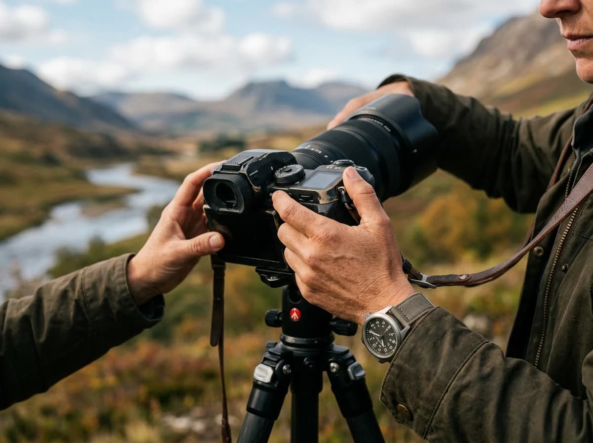 Close-up of a photographer's hands adjusting settings on a professional DSLR camera in the field.