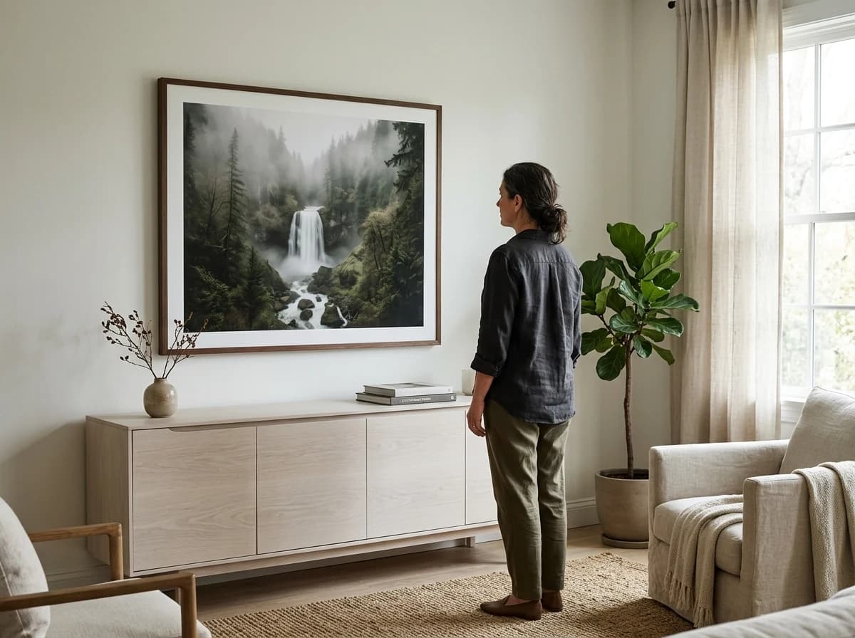 Collector studying a large framed waterfall photograph in a calm naturally lit living room.