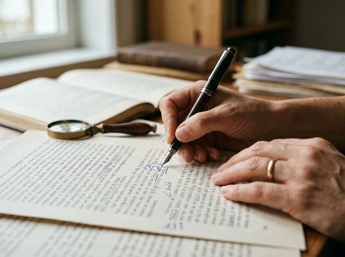 Translator's hands holding a pen, making careful annotations on a printed document with foreign text.