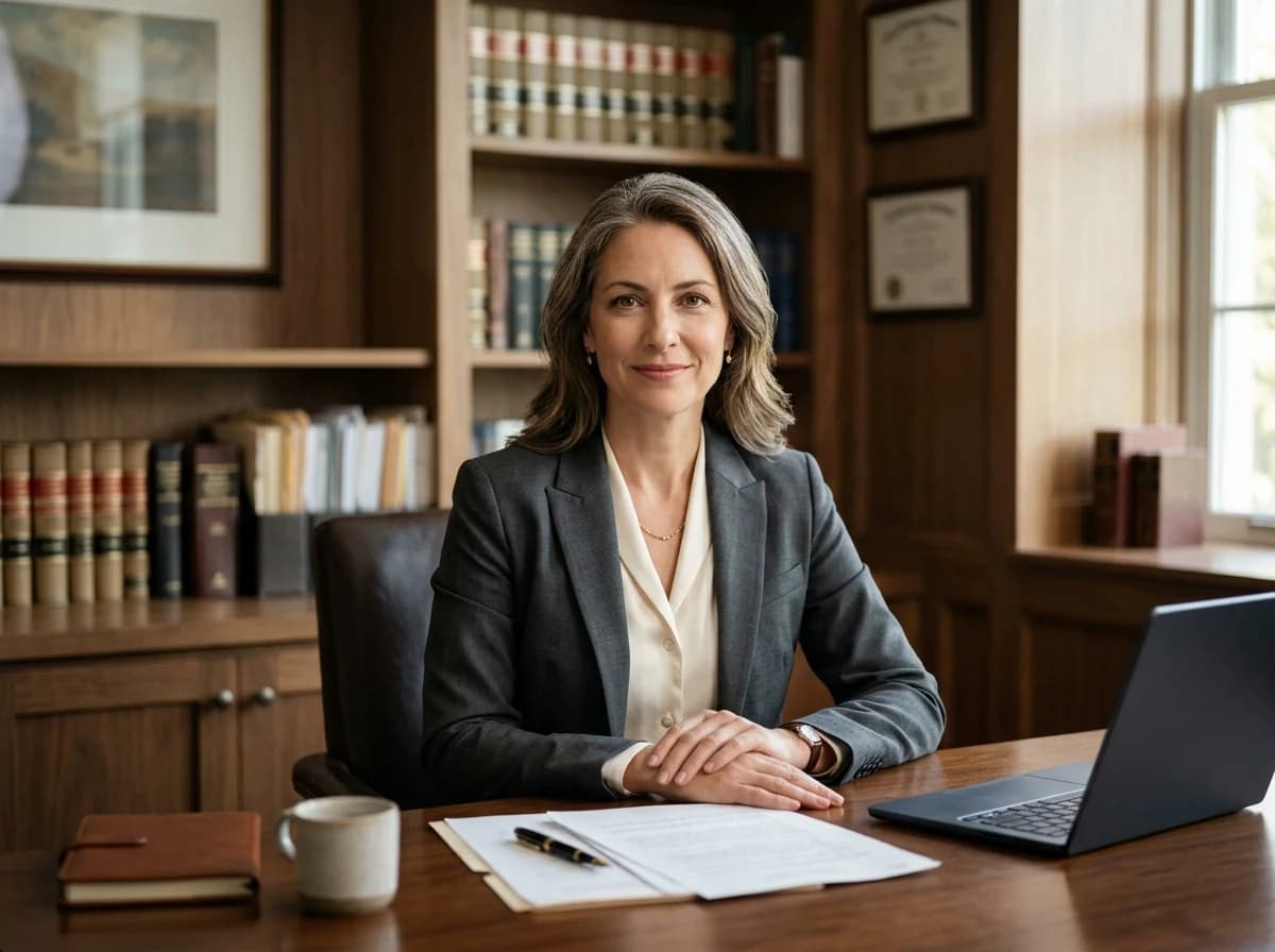 Confident female attorney in her office, looking directly at the camera with a reassuring expression.