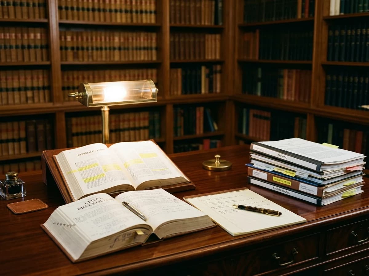 Close-up of neatly stacked legal documents, open law books, and a pen on a mahogany desk.
