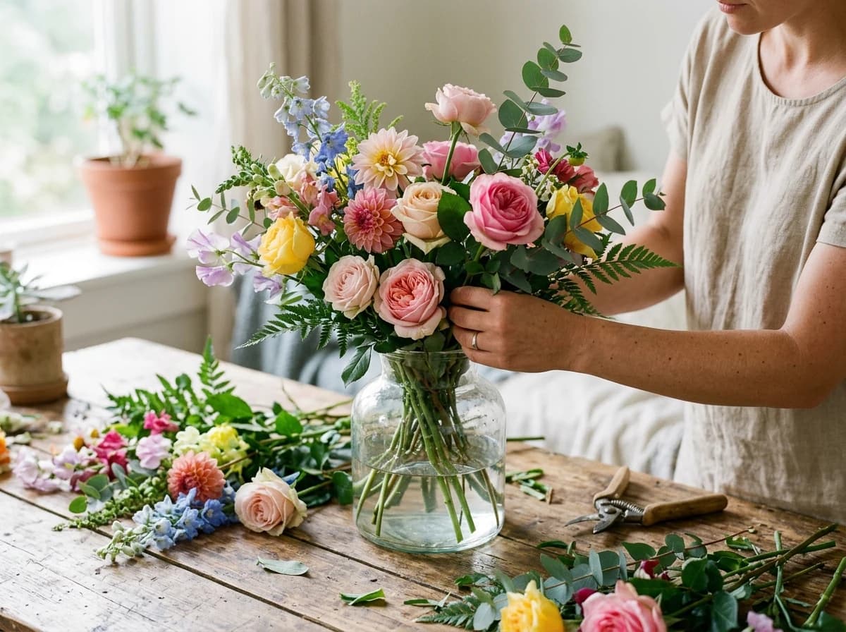 Close-up of hands delicately arranging fresh flowers in a clear vase on a wooden table.
