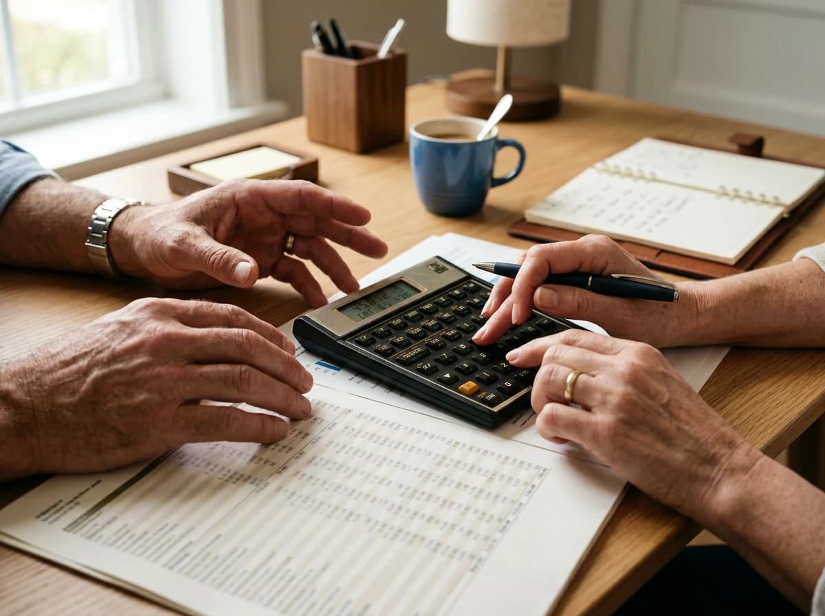 Hands of a loan officer actively using a financial calculator to crunch numbers on a printed document