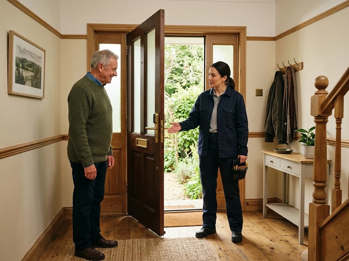 A locksmith explaining a completed door hardware installation to a homeowner.