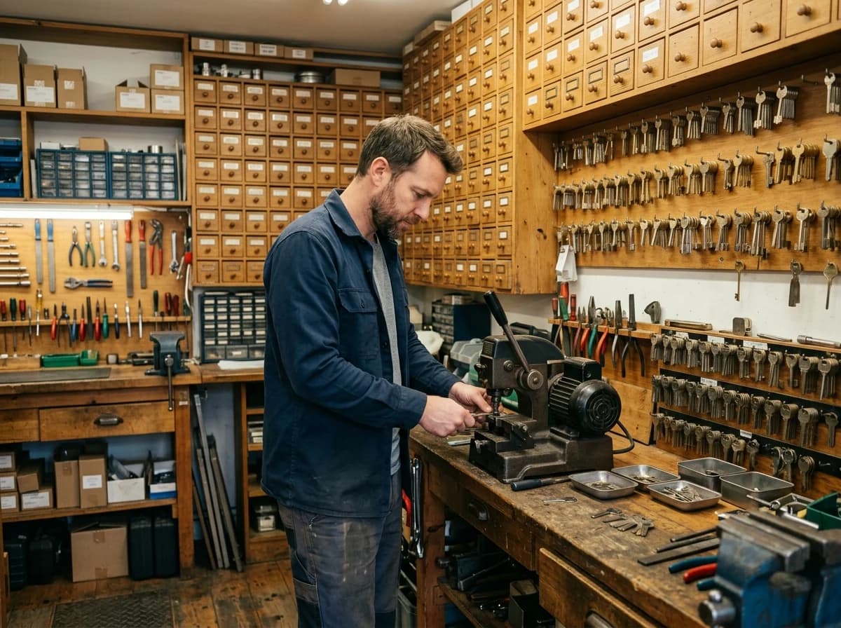 A locksmith working at an organized key-cutting bench.