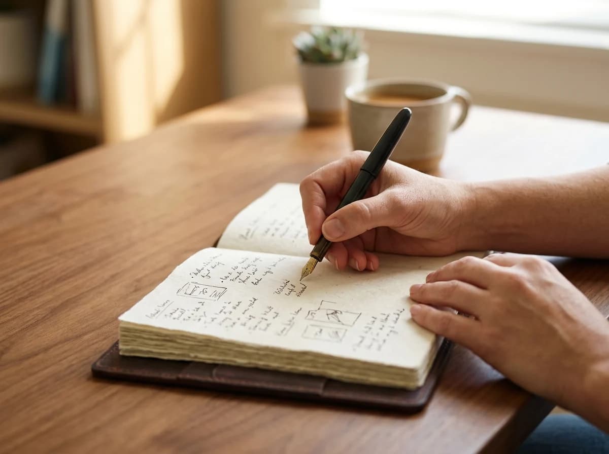 Adult hand holding a pen, actively writing notes in a physical notebook on a wooden desk, symbolizing content creation.