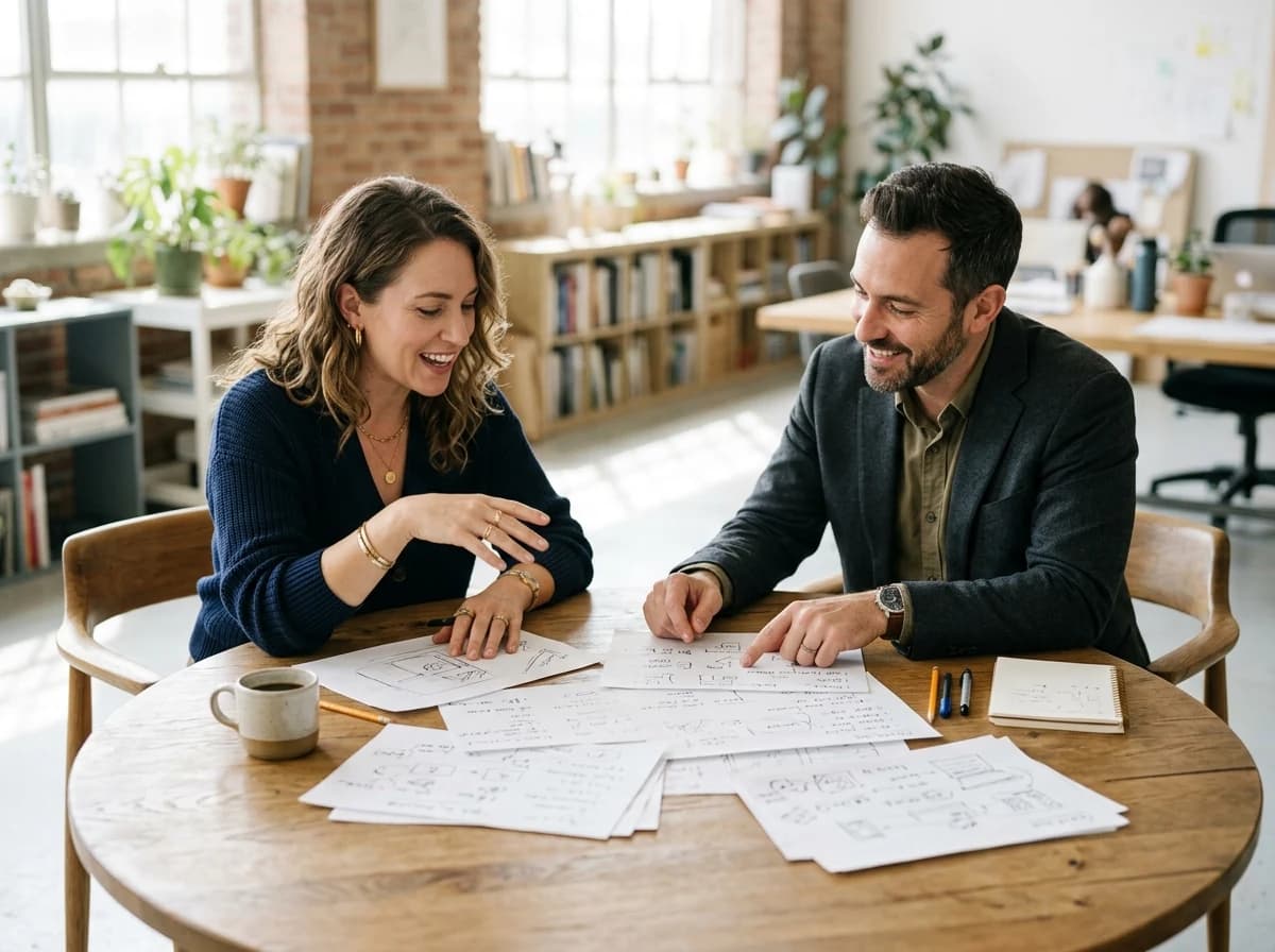 Two adults, a man and a woman, engaged in an animated discussion, gesturing over physical papers on a table.