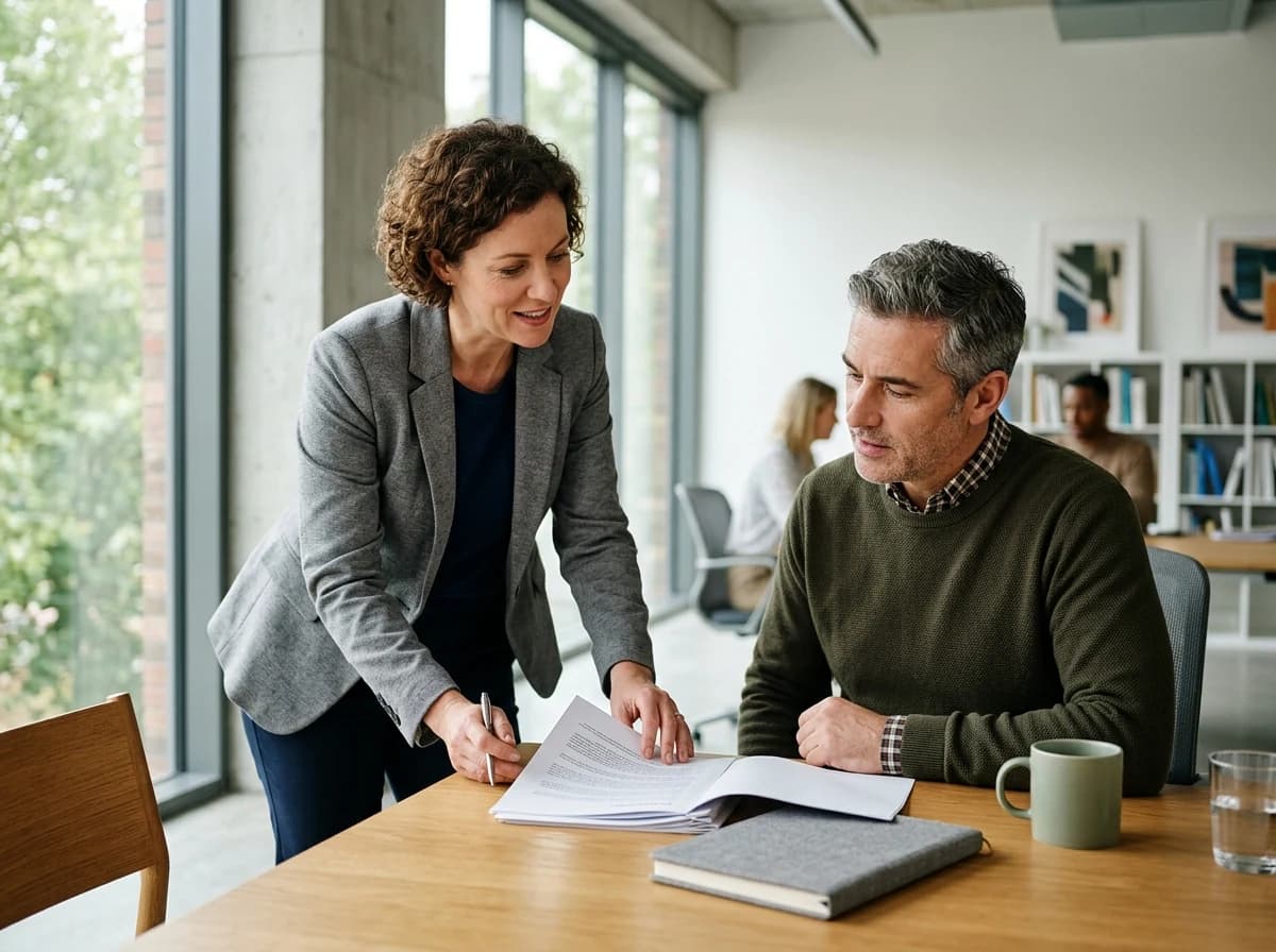 An IT consultant explaining a managed service plan to a small business owner in a bright office.