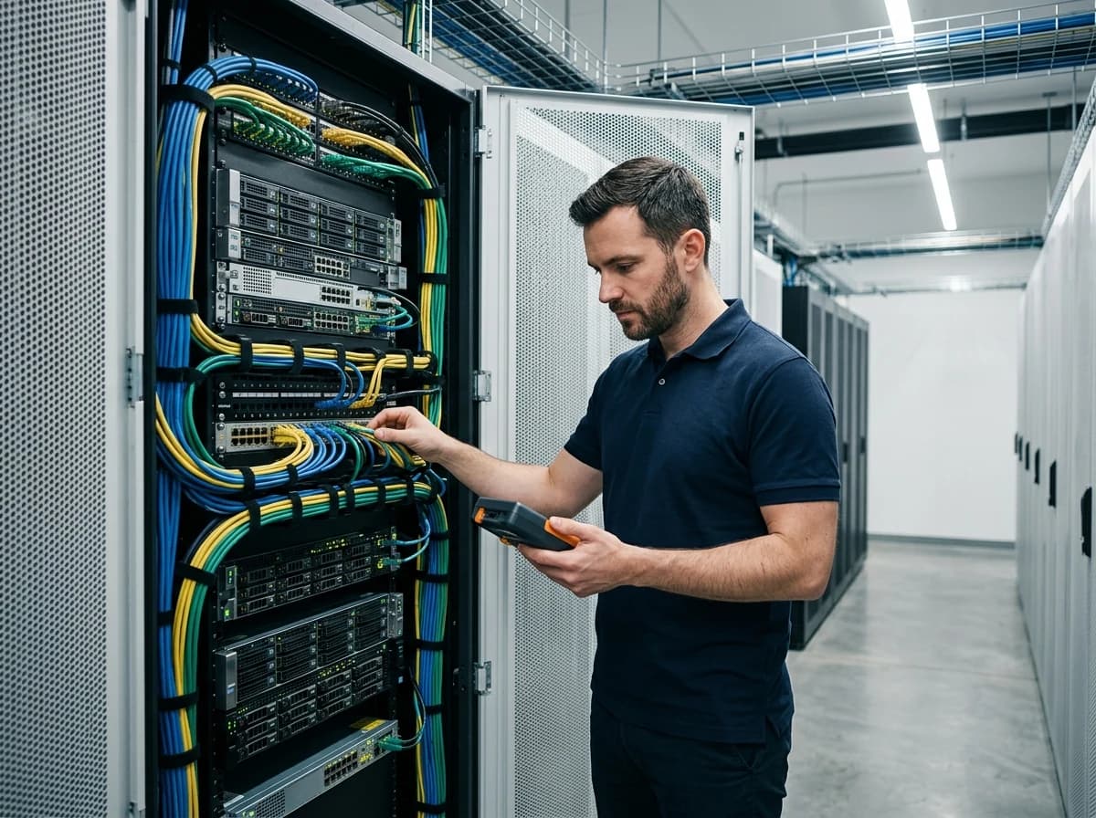 An IT professional inspecting a server rack with neatly organized cables in a secure data center.