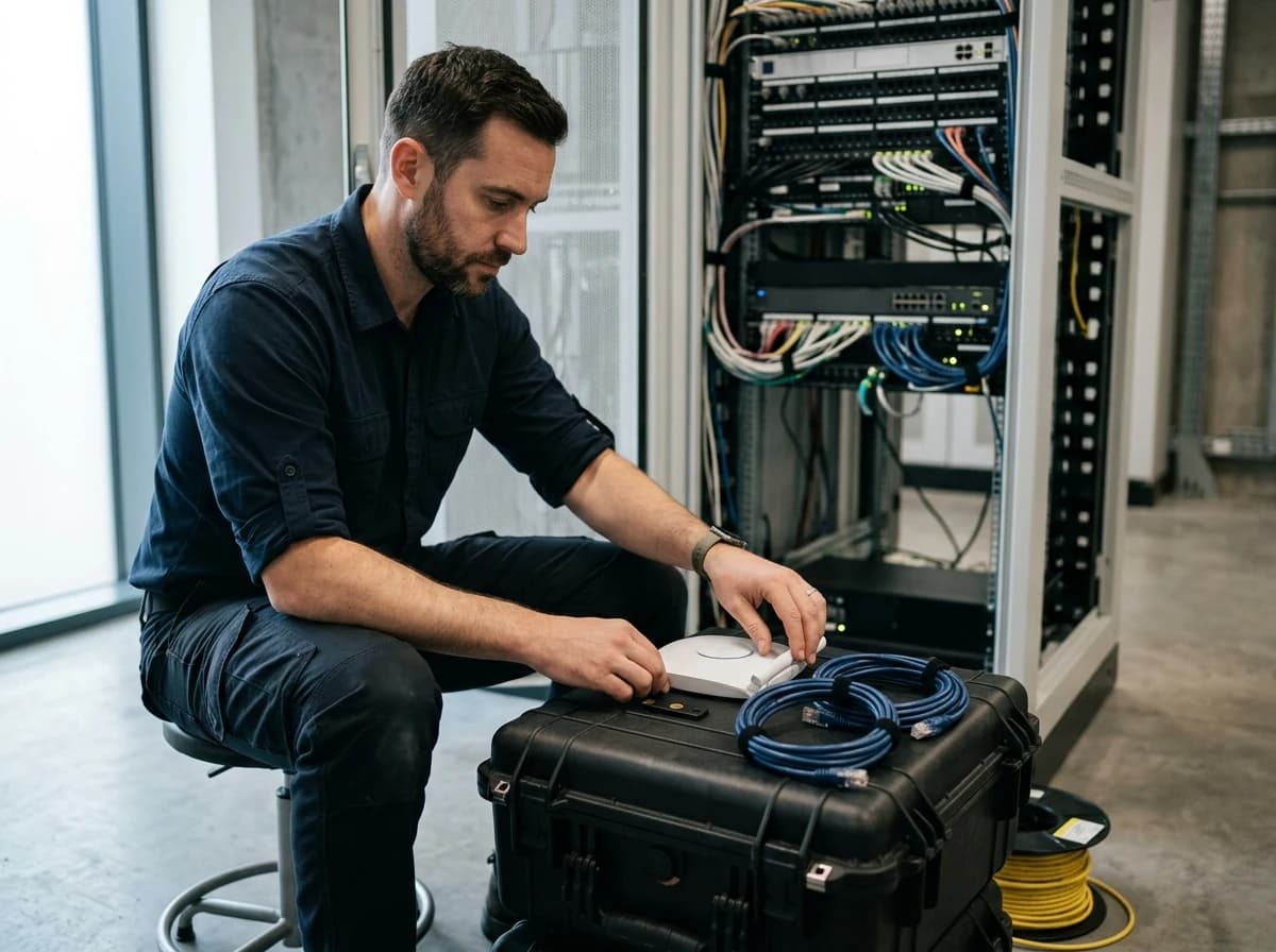 IT technician arranging an unbranded security key, access point and neatly coiled Ethernet leads beside a closed equipment case