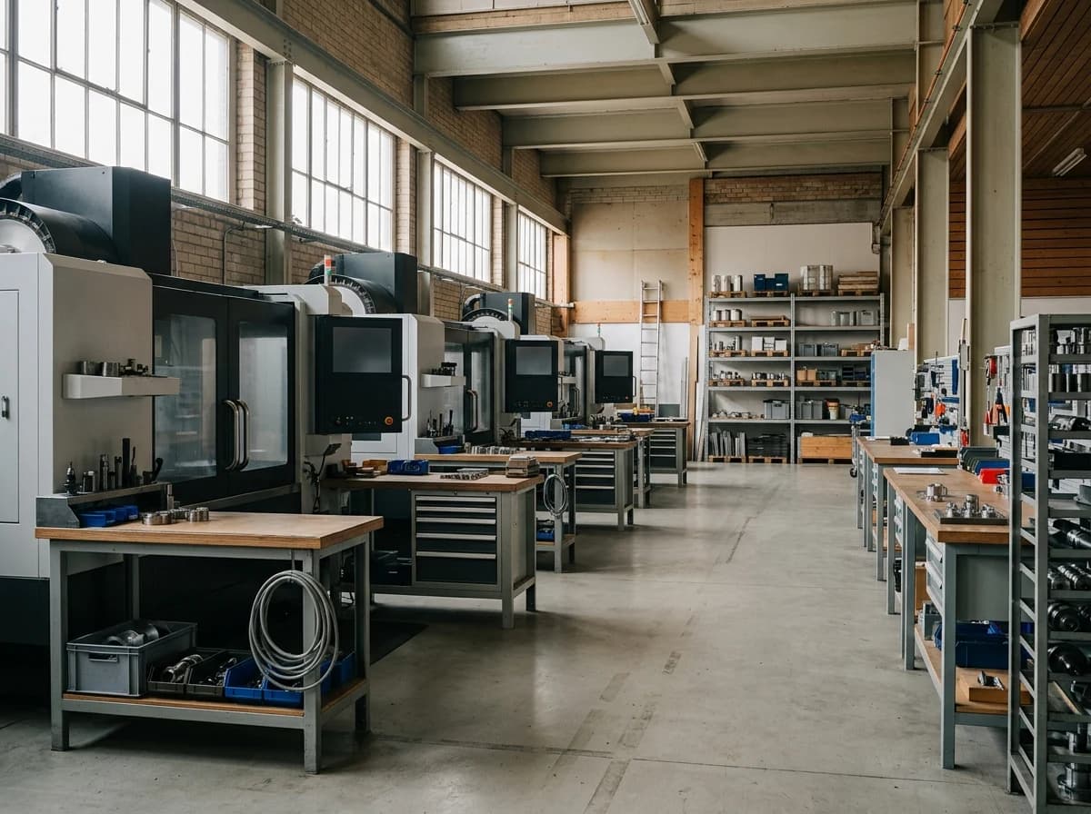 An orderly manufacturing workshop with enclosed machines and clear central walkways.