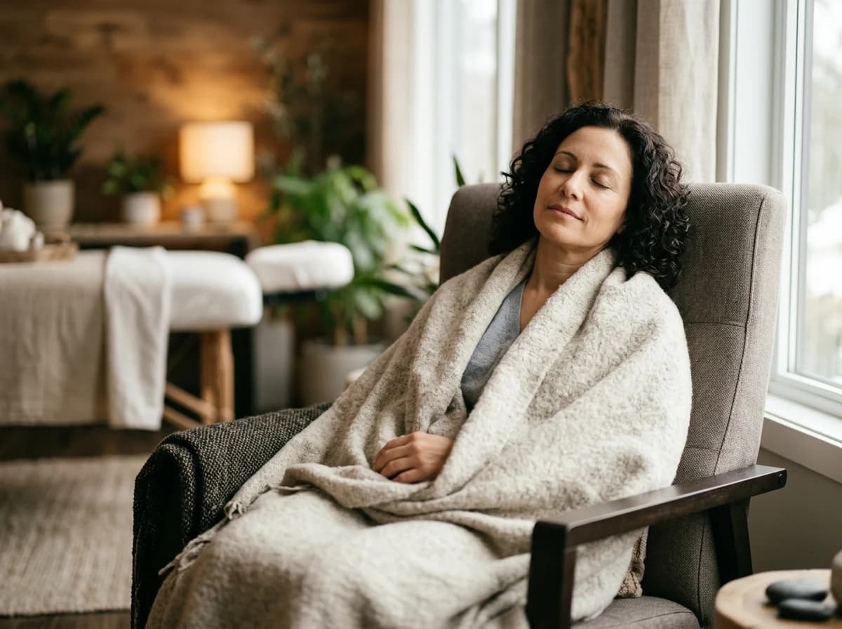 An adult client, comfortably wrapped in a soft blanket, relaxes in a chair with eyes closed and a peaceful expression, in a calm, softly lit room after a massage.