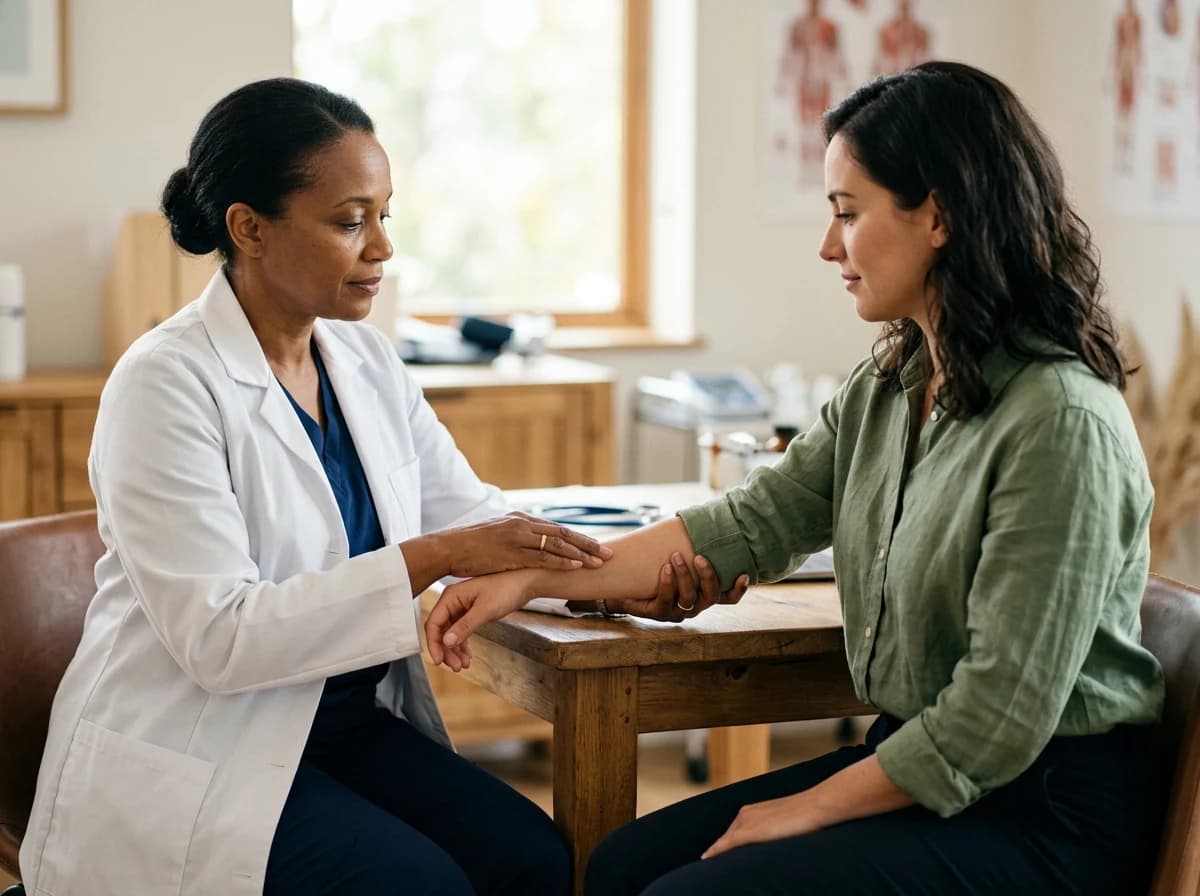 A doctor, wearing a white lab coat, gently examines an adult patient's forearm, demonstrating a focused and empathetic approach to physical assessment.