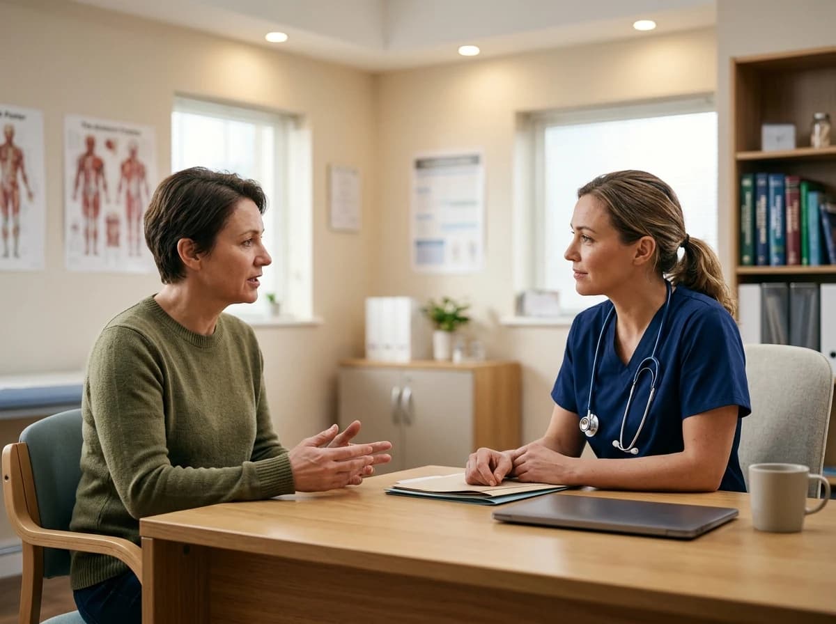 An adult patient engaged in a respectful conversation with a doctor at a consultation desk, both maintaining eye contact in a professional and calm office setting.