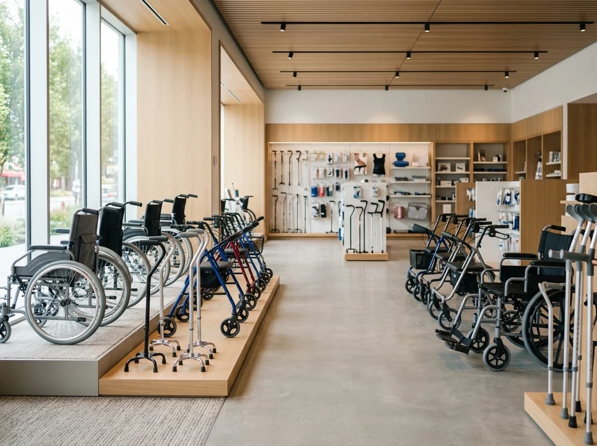 Mobility aids and wheelchairs displayed in a bright medical supply showroom.