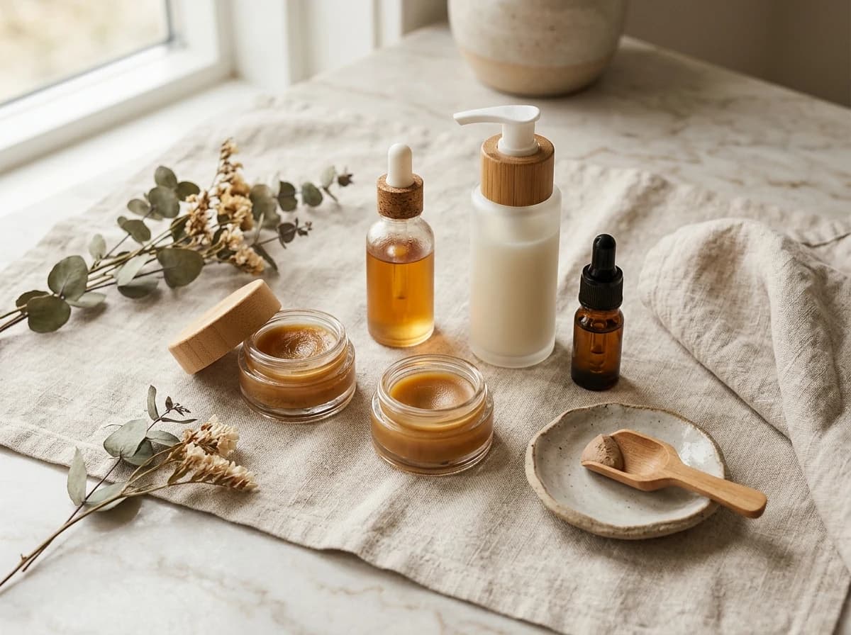 A collection of artisanal brow aftercare products like balms and serums, elegantly displayed.
