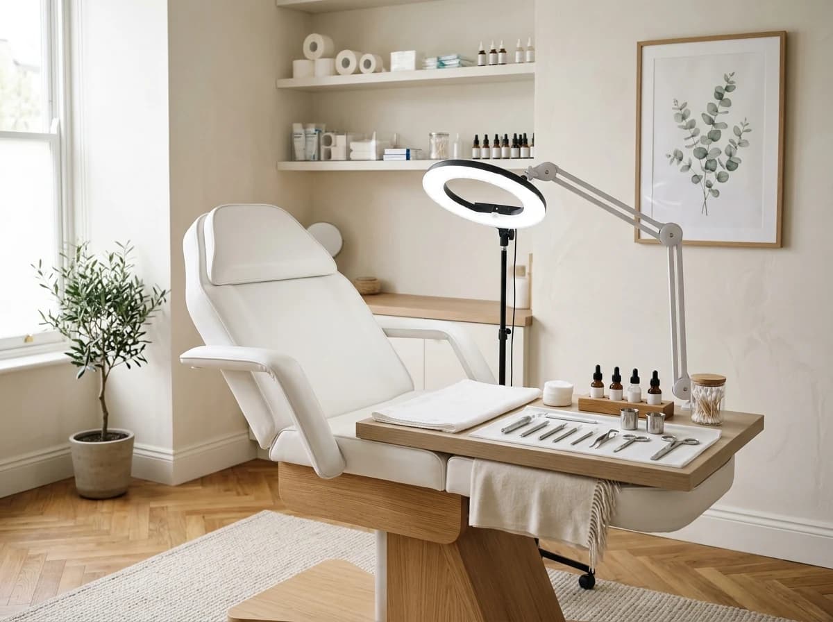 Immaculately clean and stylish microblading studio with a comfortable treatment chair and soft lighting.