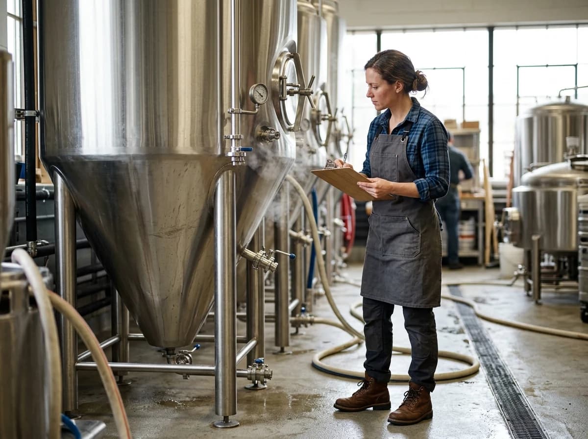 Brewer in apron inspects stainless steel fermenter in a clean brewery.
