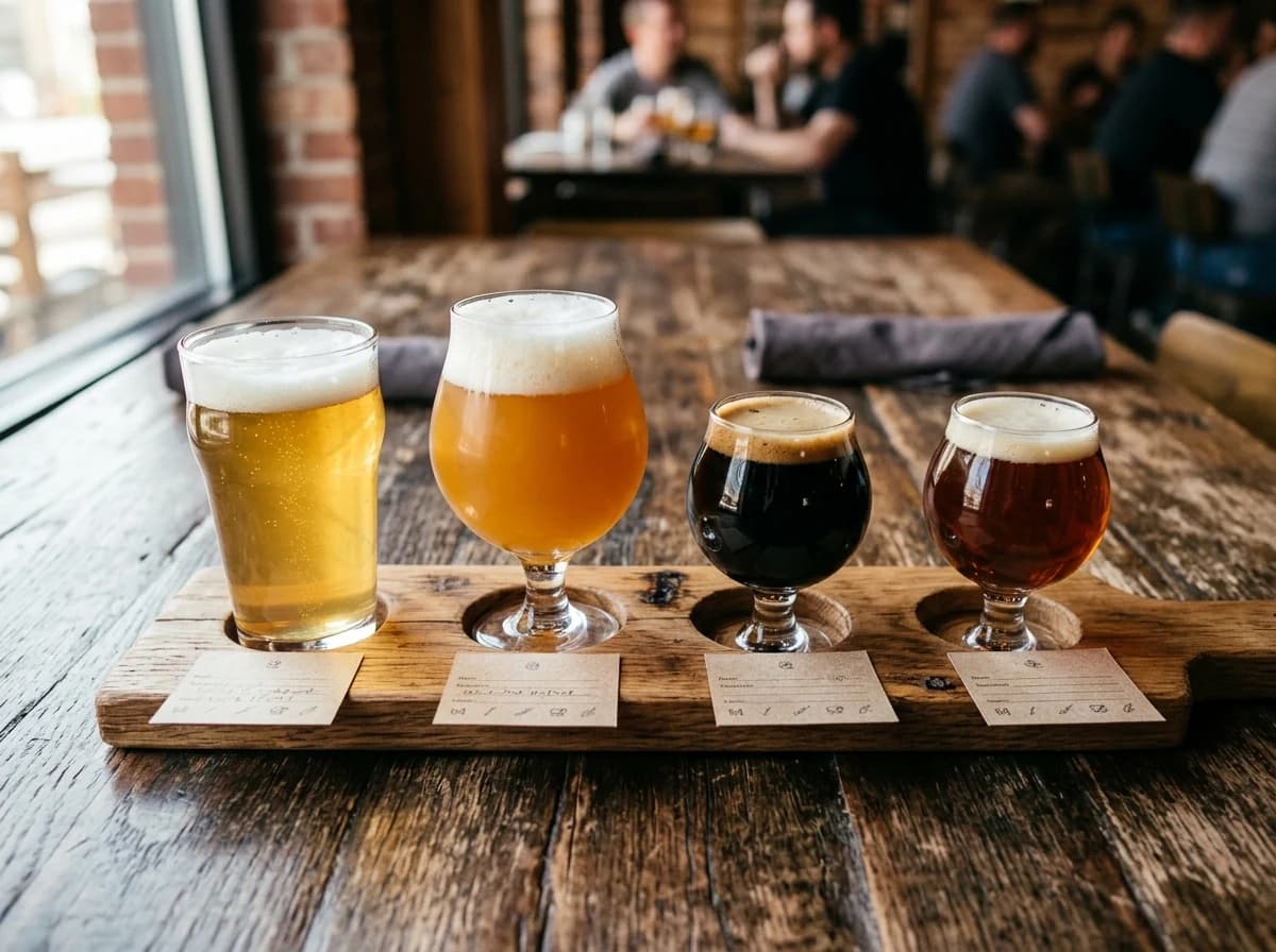 Artfully arranged flight of four distinct craft beers with tasting notes.