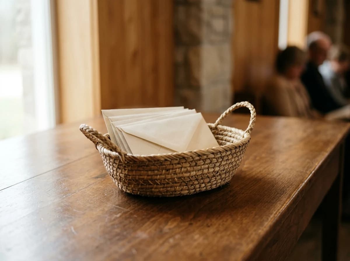 A simple, hand-woven basket on a wooden table, containing a few blank offering envelopes, symbolizing communal giving and support.